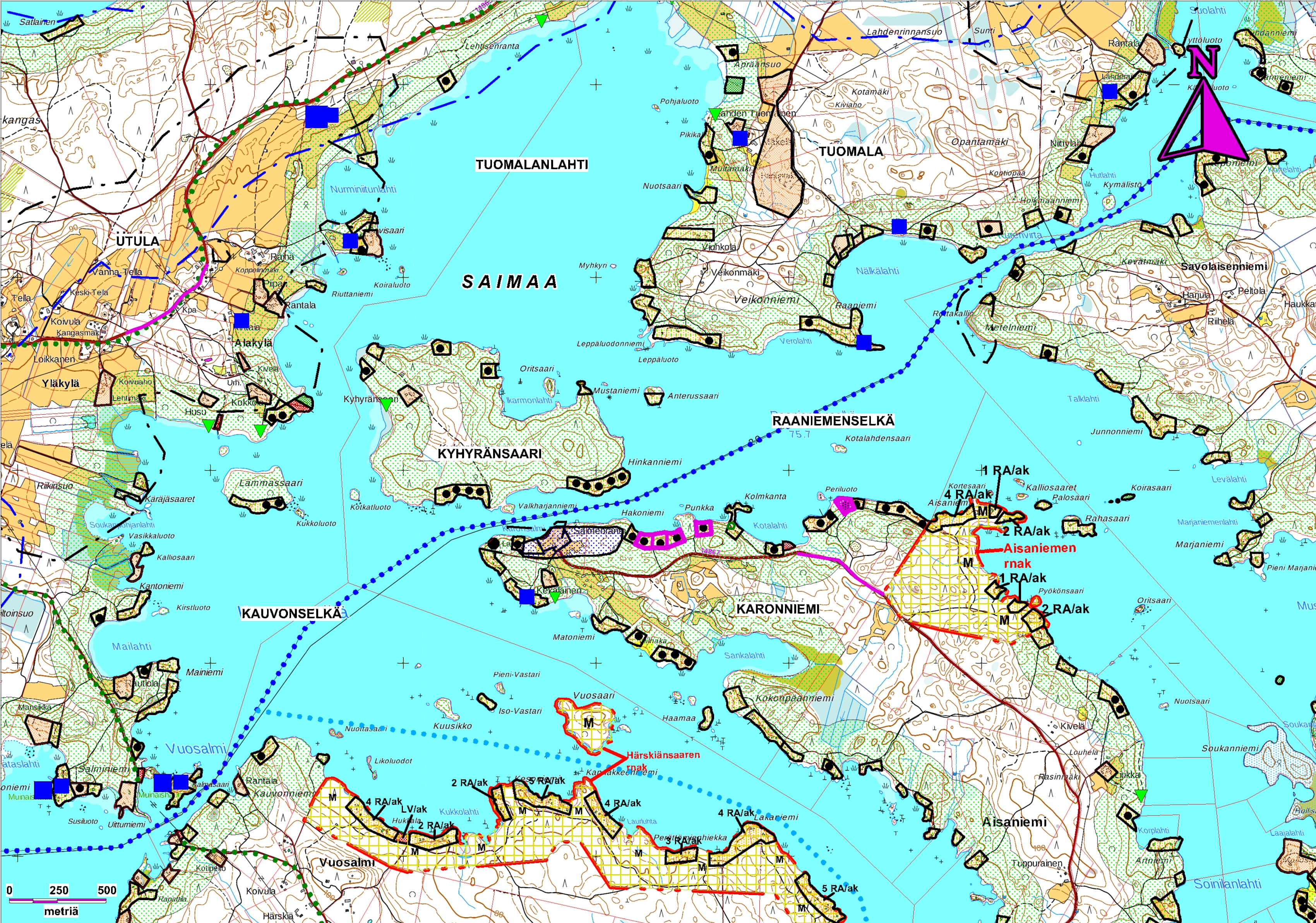 Kartta Karonimen rantatonteista